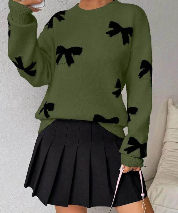 FRANCES™ - Fashionable Bow Print O-Neck Knit Winter Sweater Pullover