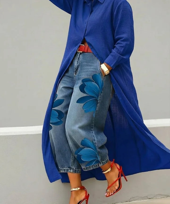 Maud - Linen Shirt Dress and Floral Jeans