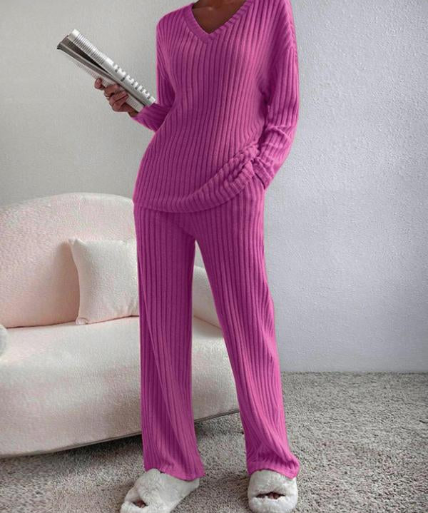 SUMMER™ - Casual V-Neck Long Sleeve Top & Straight Leg Lounge Pants Set