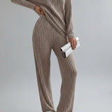 SUMMER™ - Casual V-Neck Long Sleeve Top & Straight Leg Lounge Pants Set