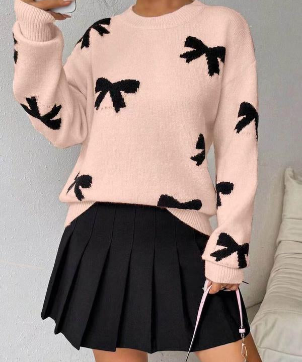 FRANCES™ - Fashionable Bow Print O-Neck Knit Winter Sweater Pullover