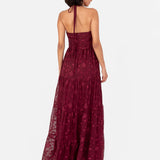 Maya Burgundy Corsage Halter Floral Maxi Dress
