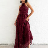 Maya Burgundy Corsage Halter Floral Maxi Dress