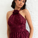 Maya Burgundy Corsage Halter Floral Maxi Dress