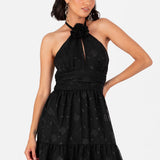 Maya Black Corsage Halter Floral Maxi Dress