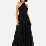Maya Black Corsage Halter Floral Maxi Dress