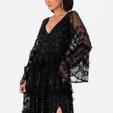Maya Black Fully Embellished Maxi Dress with Frill Detail