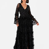 Maya Black Fully Embellished Maxi Dress with Frill Detail