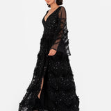 Maya Black Fully Embellished Maxi Dress with Frill Detail