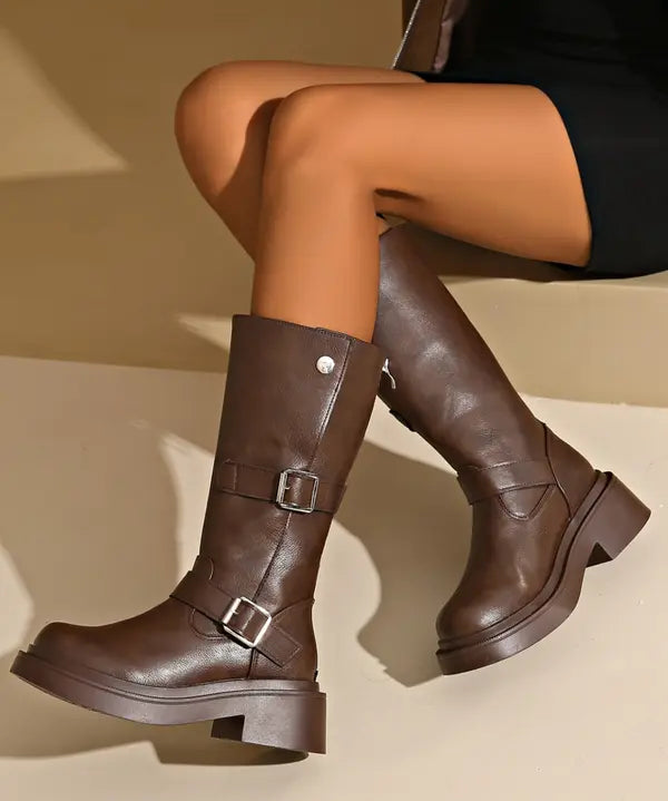 JEAN™ - Women's Thick Heel Knee-High Boots Round Toe Slim Fit High-Top Shoes in Soft Leather