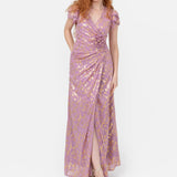 Maya Faux Wrap Maxi Dress with Gold Foil and Corsage Detail