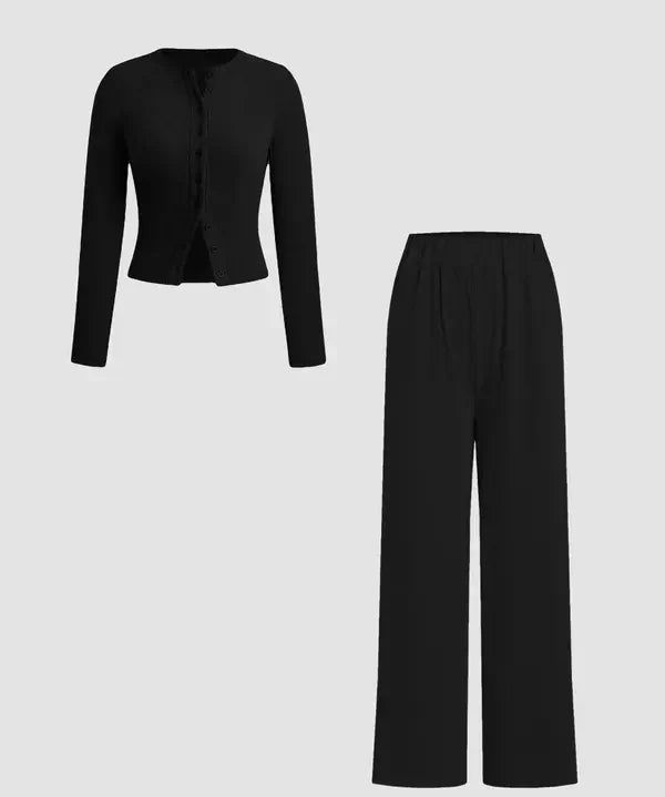 FLORLIE™ - Women’s Ribbed Crop Top & Elastic Waist Pants Casual Set