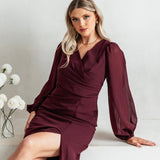Anaya With Love Recycled Maroon Faux Wrap Blouson Sleeve Maxi Dress