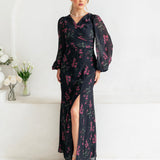 Anaya With Love Recycled Black Floral Faux Wrap Long Sleeve Maxi Dress