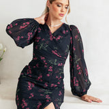 Anaya With Love Recycled Black Floral Faux Wrap Long Sleeve Maxi Dress