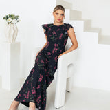 Anaya With Love Black Floral Flutter Sleeve Maxi Dress with Self-Tie Back