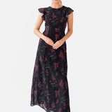 Anaya With Love Black Floral Flutter Sleeve Maxi Dress with Self-Tie Back