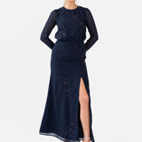 Maya Navy Floral Embroidered Long Sleeve Maxi Dress