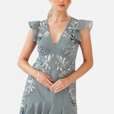 Maya Misty Green Embellished V Neck Ruffle Maxi Dress