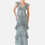 Maya Misty Green Embellished V Neck Ruffle Maxi Dress