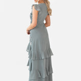 Maya Misty Green Embellished V Neck Ruffle Maxi Dress
