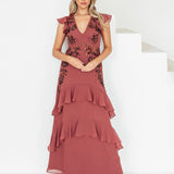 Maya Copper Rose Embellished V Neck Ruffle Maxi Dress