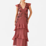 Maya Copper Rose Embellished V Neck Ruffle Maxi Dress