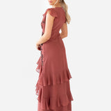 Maya Copper Rose Embellished V Neck Ruffle Maxi Dress