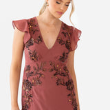 Maya Copper Rose Embellished V Neck Ruffle Maxi Dress