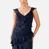 Maya Navy Floral Embellished Strappy Ruffle Maxi Dress