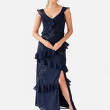 Maya Navy Floral Embellished Strappy Ruffle Maxi Dress