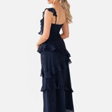 Maya Navy Floral Embellished Strappy Ruffle Maxi Dress