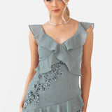 Maya Misty Green Floral Embellished Strappy Ruffle Maxi Dress