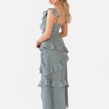 Maya Misty Green Floral Embellished Strappy Ruffle Maxi Dress