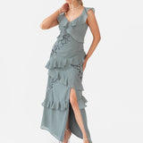 Maya Misty Green Floral Embellished Strappy Ruffle Maxi Dress