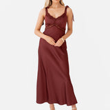 Maya Brown Tie-Shoulder Strappy Satin Midaxi Dress