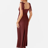 Maya Brown Tie-Shoulder Strappy Satin Midaxi Dress