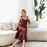 Maya Brown Tie-Shoulder Strappy Satin Midaxi Dress