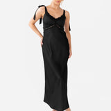 Maya Black Tie-Shoulder Strappy Satin Midaxi Dress