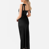 Maya Black Tie-Shoulder Strappy Satin Midaxi Dress