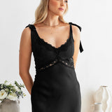 Maya Black Tie-Shoulder Strappy Satin Midaxi Dress