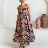 Maya Floral Jacquard Strappy Square Neck Midi Dress with Pockets