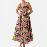 Maya Floral Jacquard Strappy Square Neck Midi Dress with Pockets