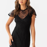 Maya Black Flutter Sleeve Lace Maxi Dress with Ruffle Detail