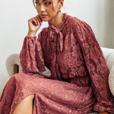 Maya Copper Rose Tie Neck Long Sleeve Lace Maxi Dress