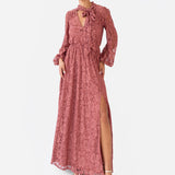Maya Copper Rose Tie Neck Long Sleeve Lace Maxi Dress