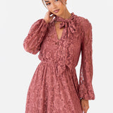 Maya Copper Rose Tie Neck Long Sleeve Lace Maxi Dress