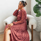 Maya Copper Rose Tie Neck Long Sleeve Lace Maxi Dress