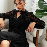 Maya Black Tie Neck Long Sleeve Lace Maxi Dress