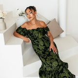 Maya Green Floral Jacquard Bardot Midaxi Dress